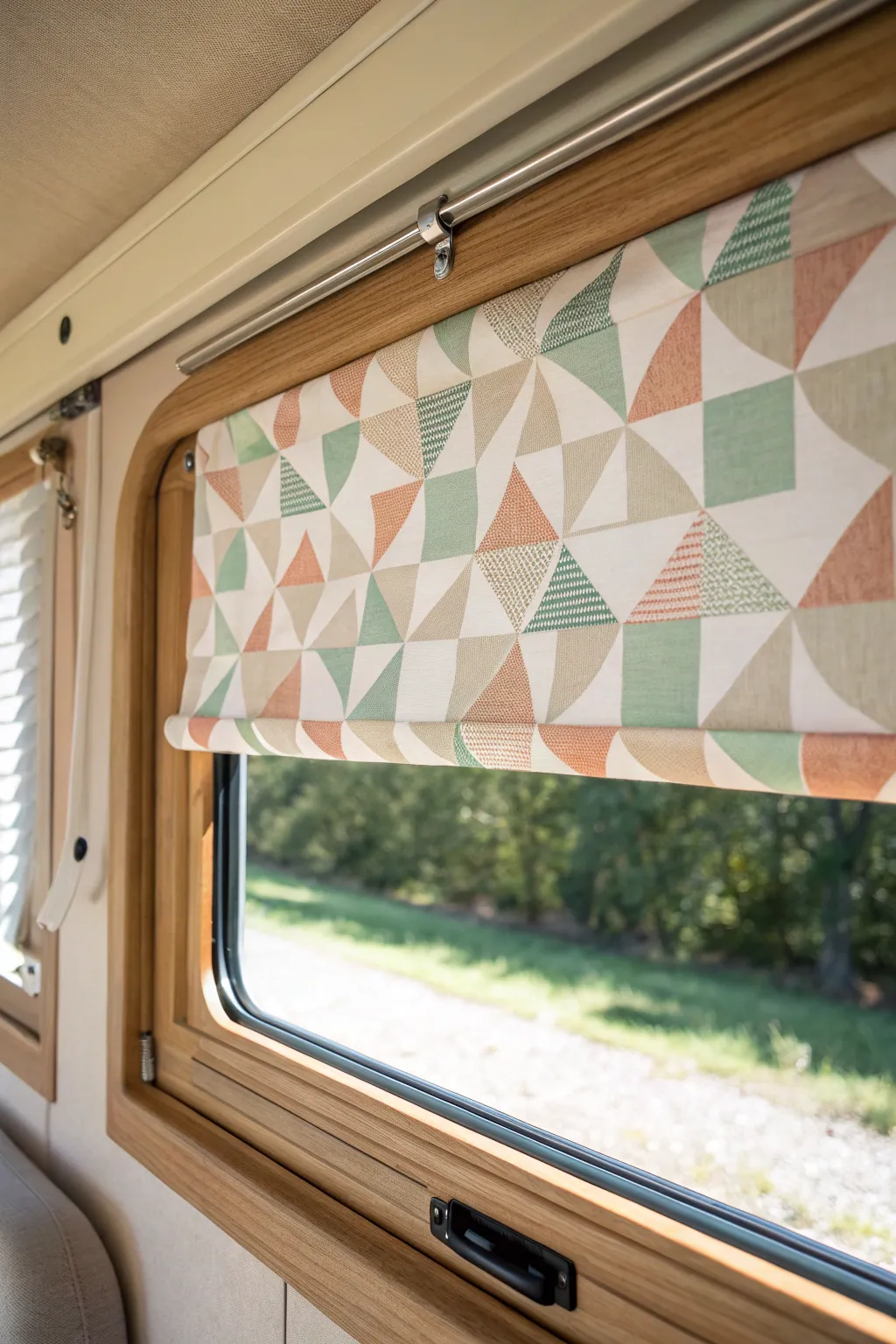 Add a touch of artistry to your camper with patterned roller shades. Perfect for those who love minimalist style with a Boho twist!
