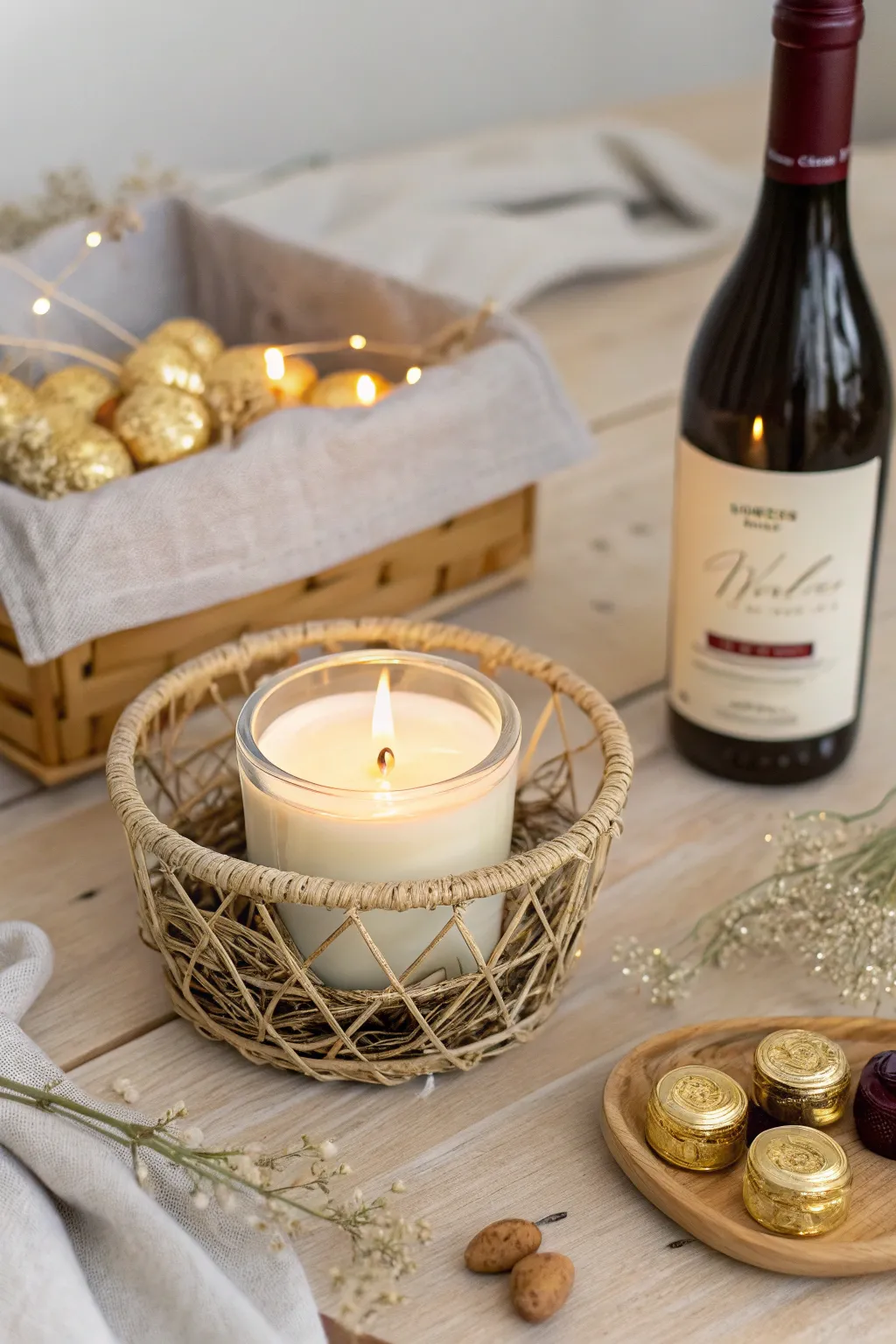 Elevate your dinner party with a touch of indulgence: vanilla candle, gourmet chocolates, and fine wine.