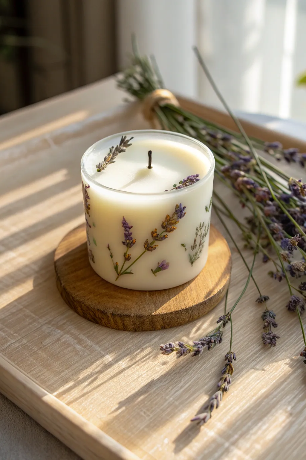 Elevate your space with nature's touch: a lavender-infused candle masterpiece.