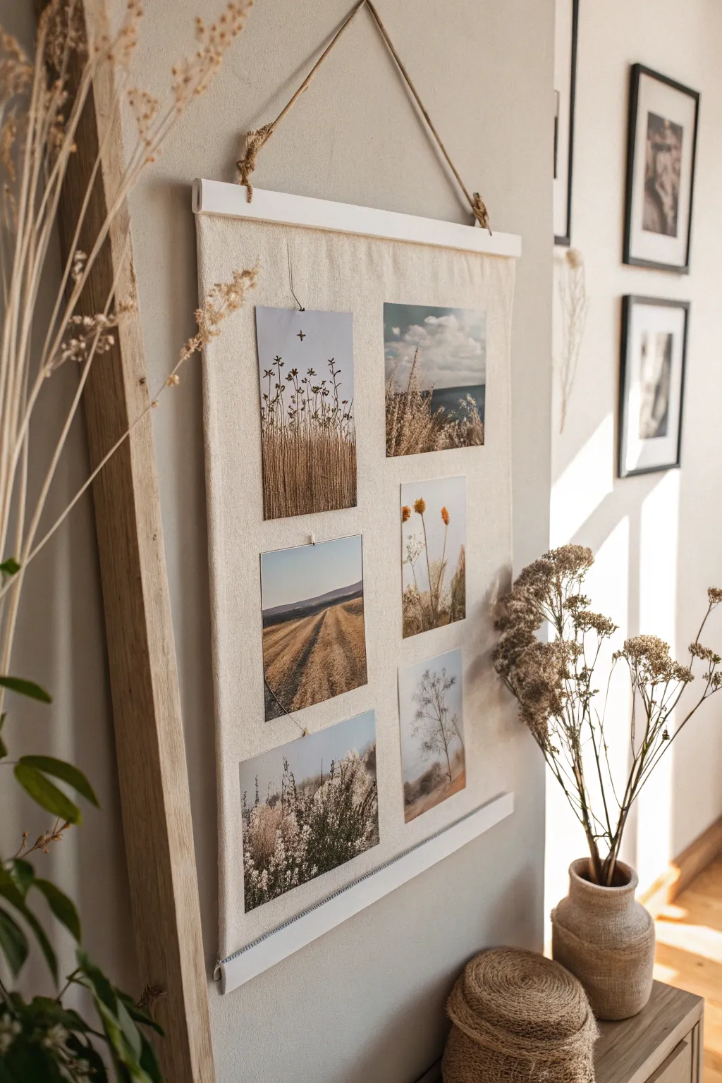 Discover the charm of mixed media magic with this minimalist canvas collage, where photos meet nature's delicate touches.