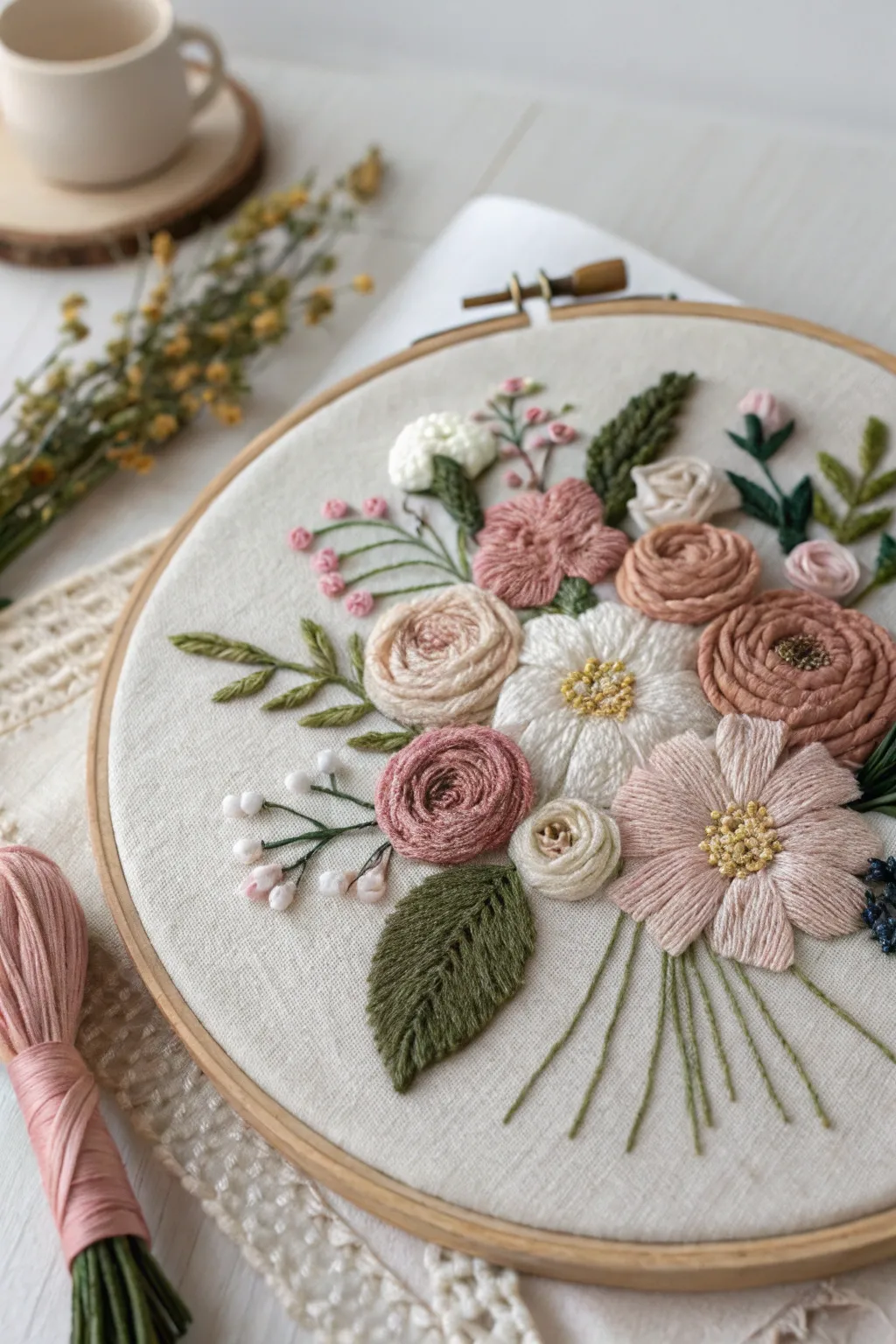 Embrace the elegance of nature with this embroidered floral bouquet, perfect for adding a touch of handcrafted beauty to your space.