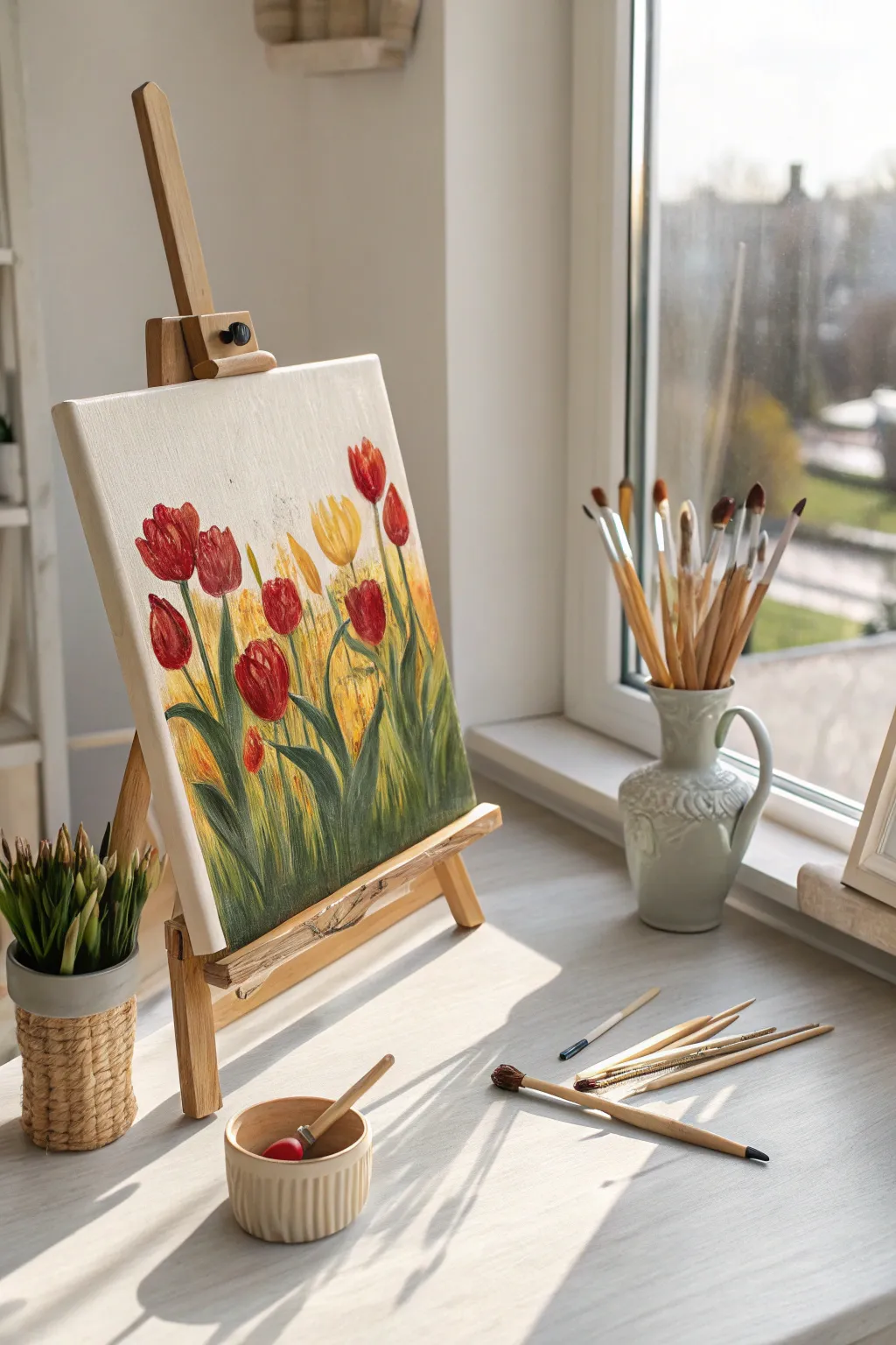 Bring the vibrant beauty of a tulip field to life with minimalist charm and bold hues.