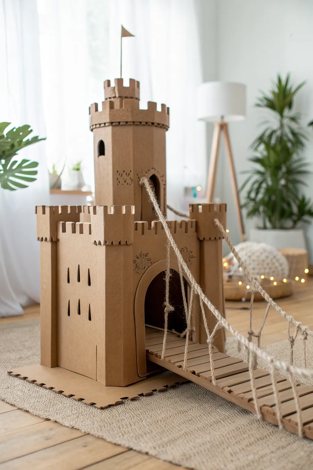 A charming cardboard castle with a delightful drawbridge, where creativity meets simplicity.