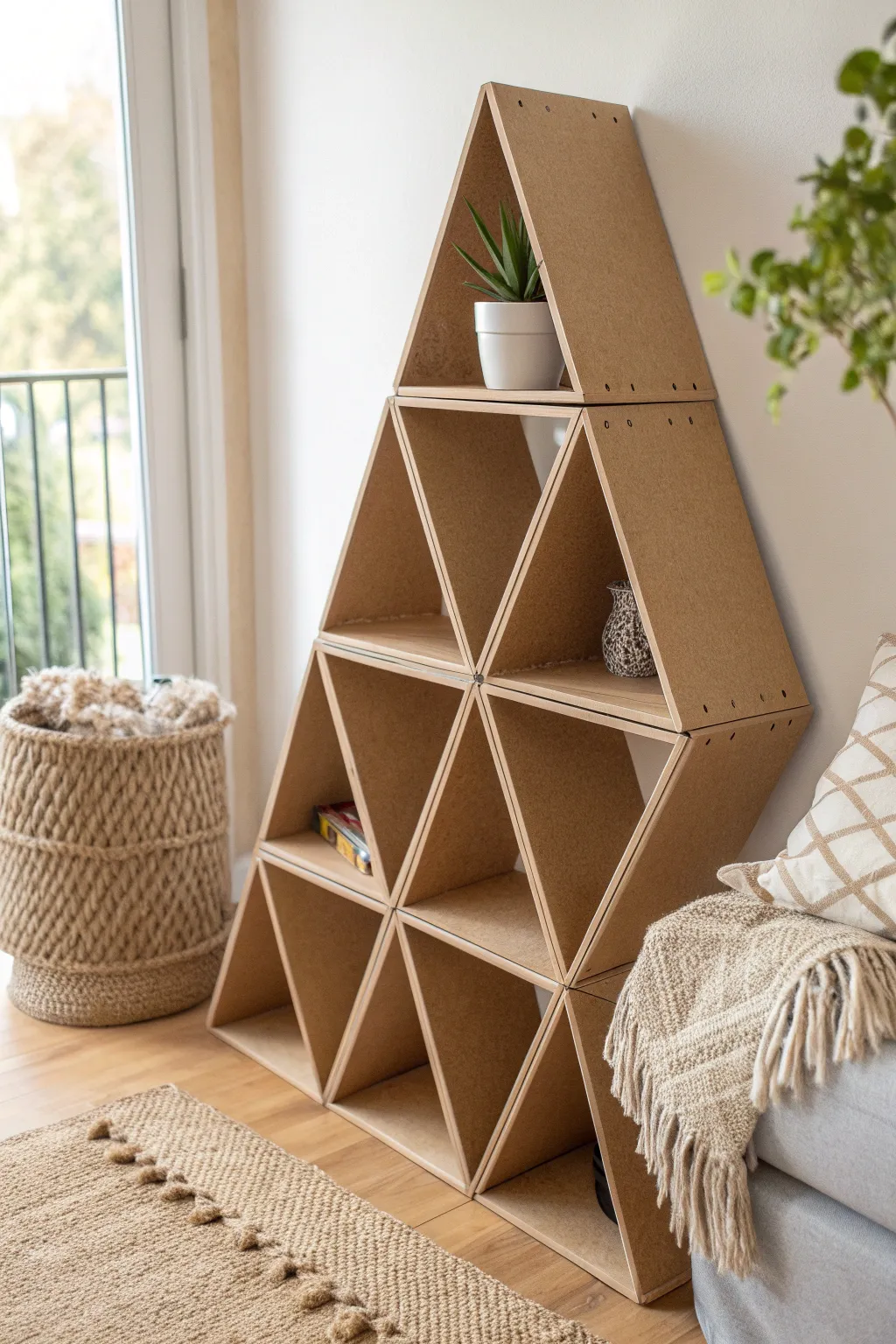 Transform your space with this chic, handcrafted cardboard shelving unit – where simplicity meets style.