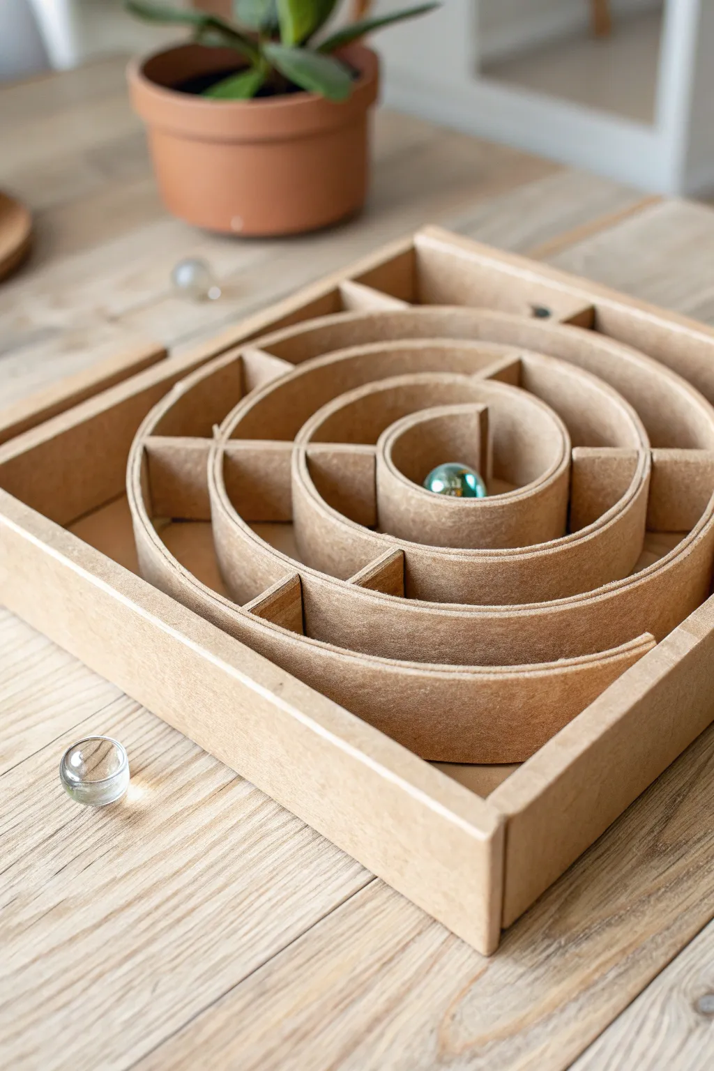 Embark on a tunnel adventure with this minimalist cardboard marble maze, where simplicity meets natural elegance.