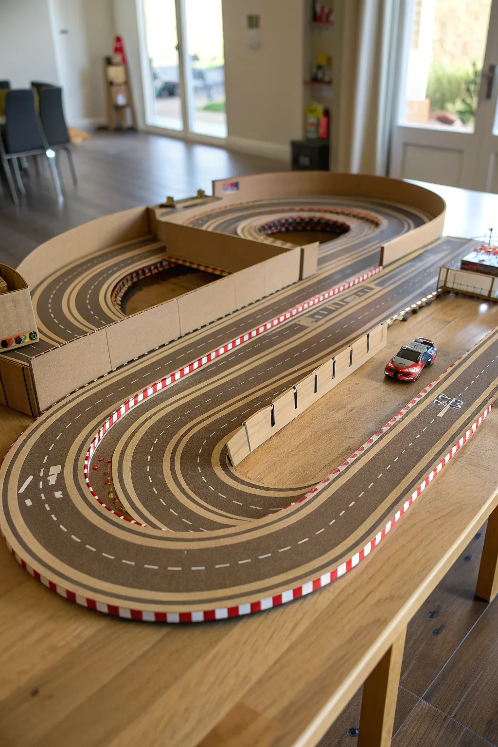 Experience the thrill of racing with this expertly crafted multi-level cardboard track!