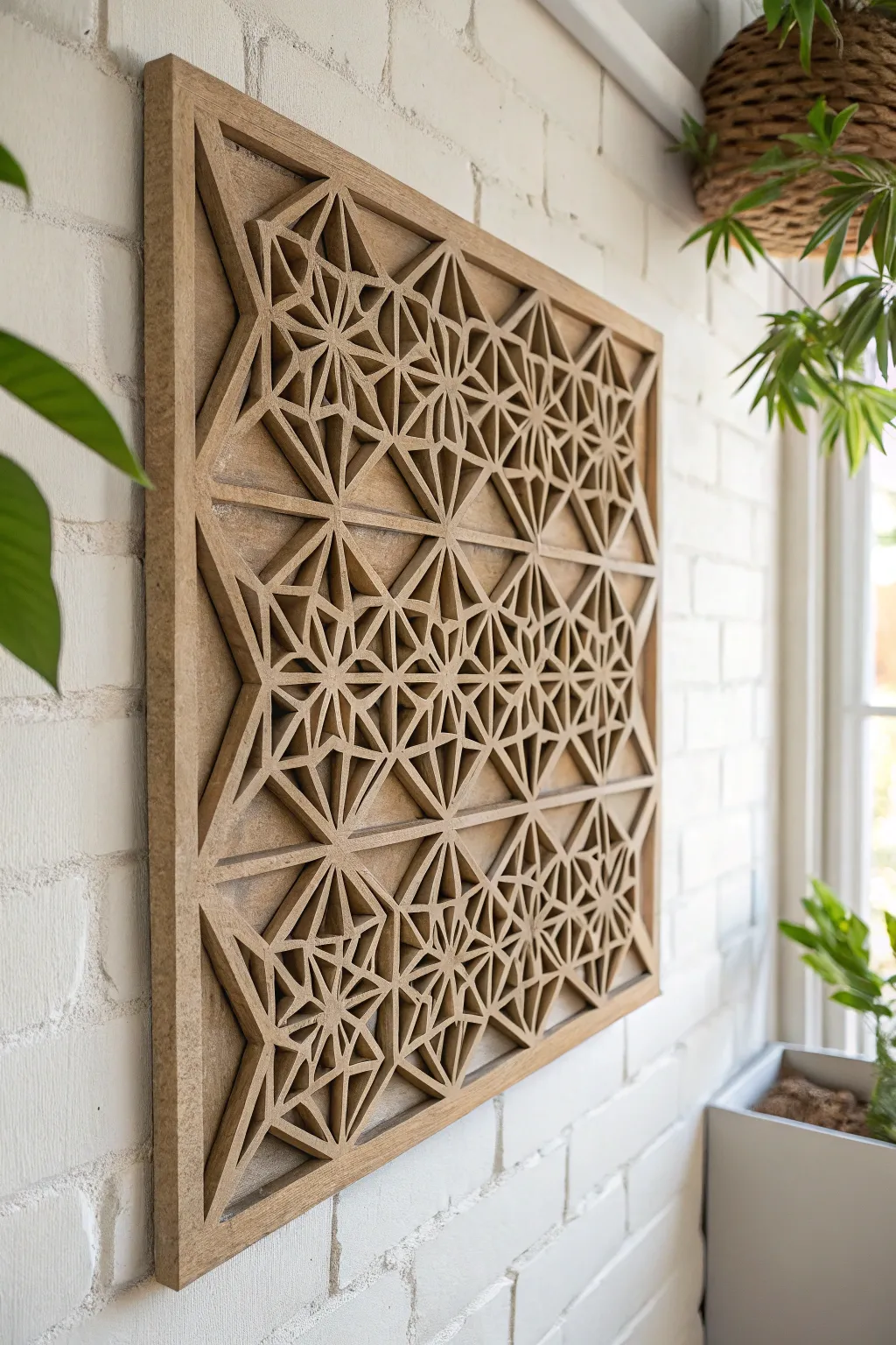 Discover the beauty of minimalism with a touch of Boho charm in this stunning geometric cardboard relief sculpture.