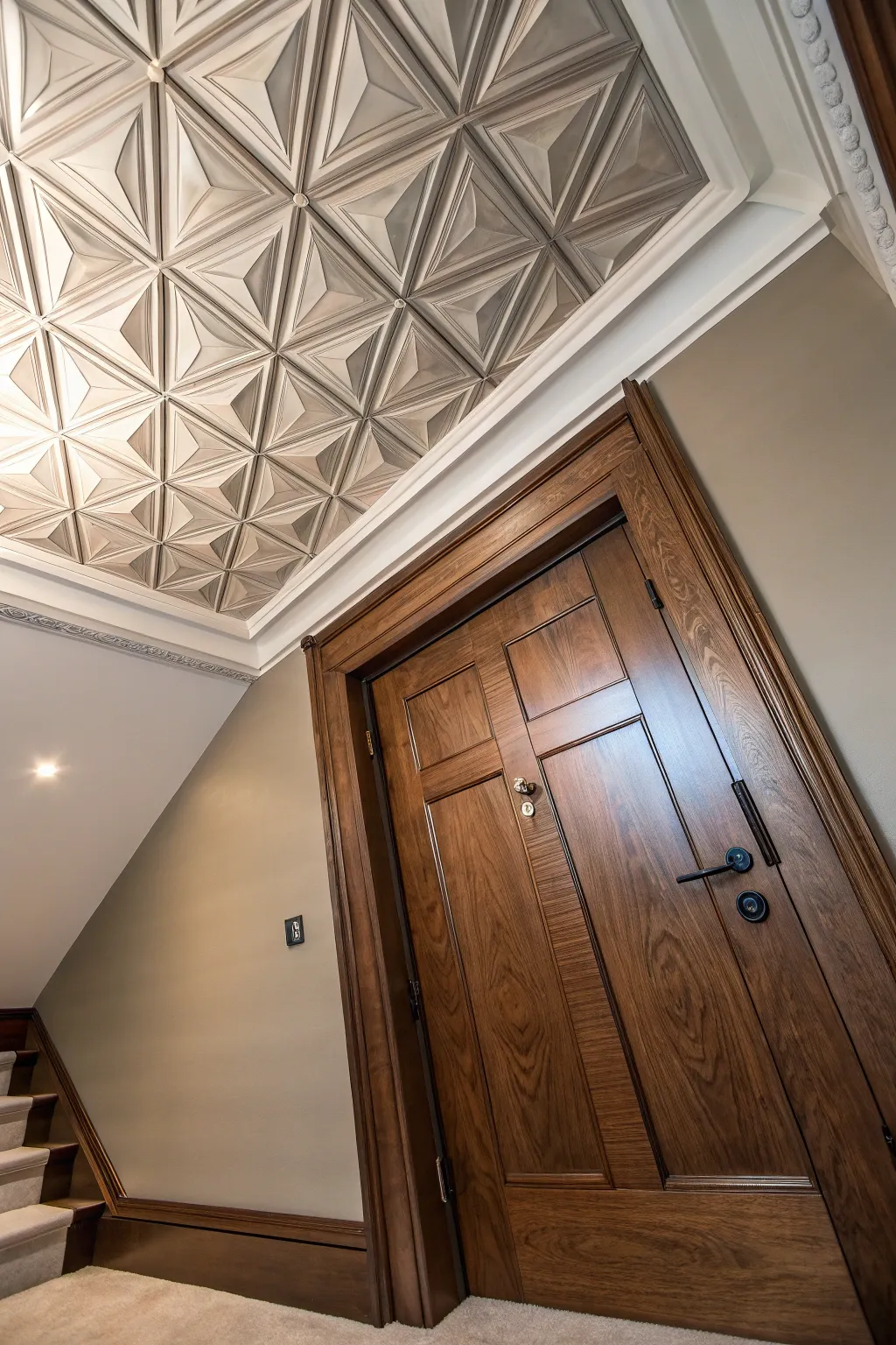 Elevate your space with a seamlessly integrated geometric attic access door, where craftsmanship meets art.