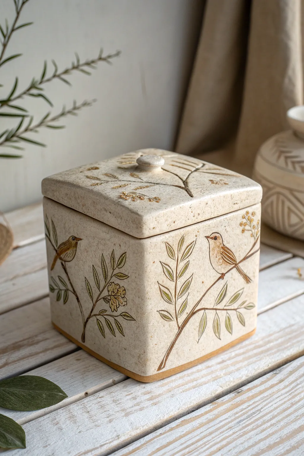 Bring the outdoors in with this nature-inspired ceramic box, perfect for adding a touch of elegance to any space.