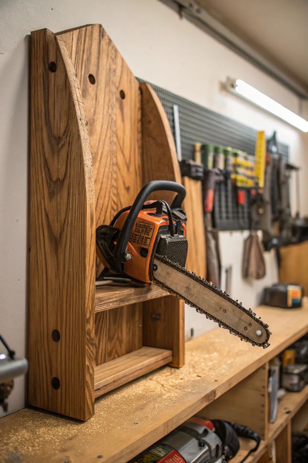 Elevate your workspace with a custom-built chainsaw holder, where functionality meets rustic elegance.