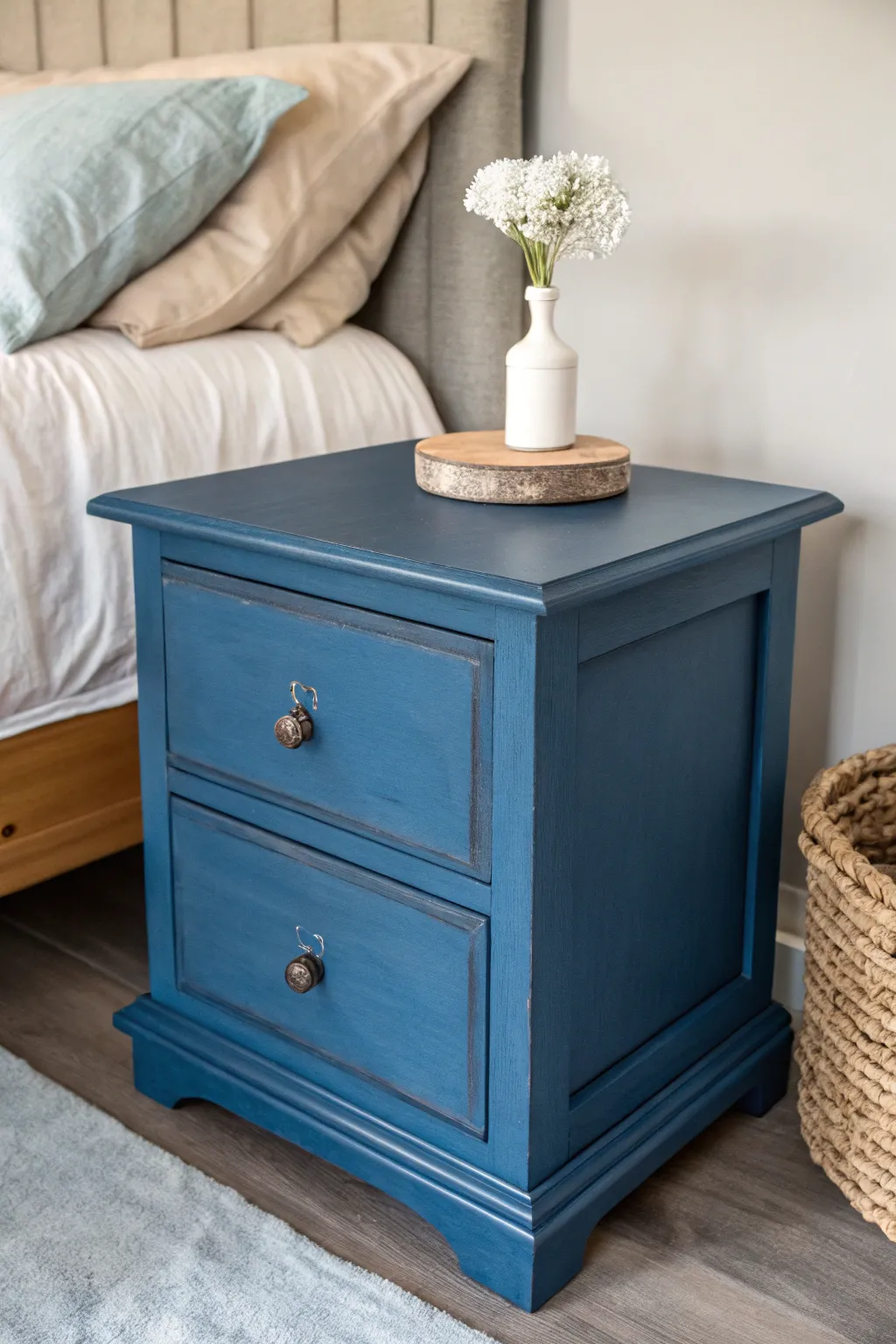 Make a statement with this bold blue nightstand, where Scandinavian minimalism meets boho beauty.