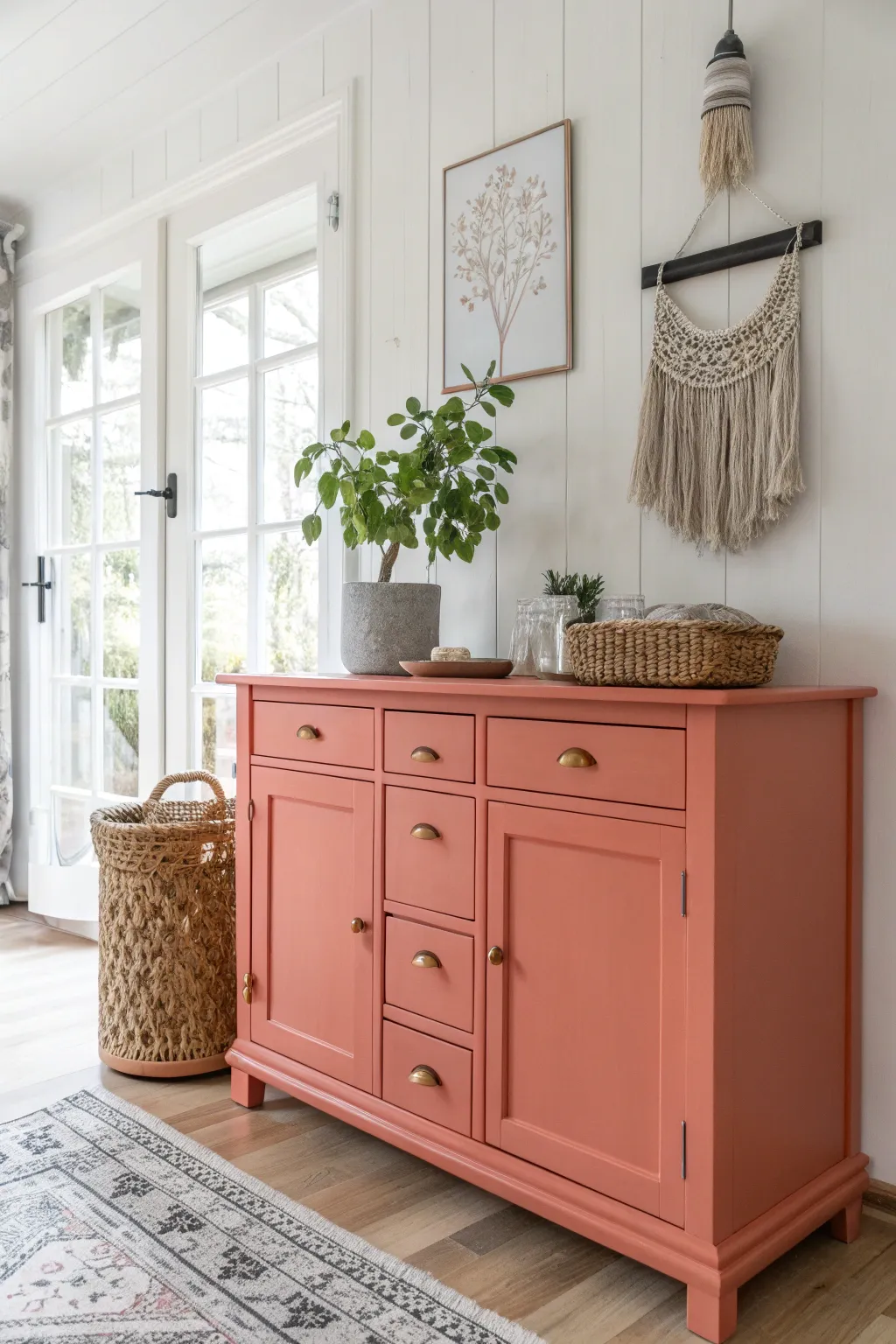 Add a Pop of Coral: Transform your space with a vibrant chalk-painted buffet that speaks of elegance and warmth.