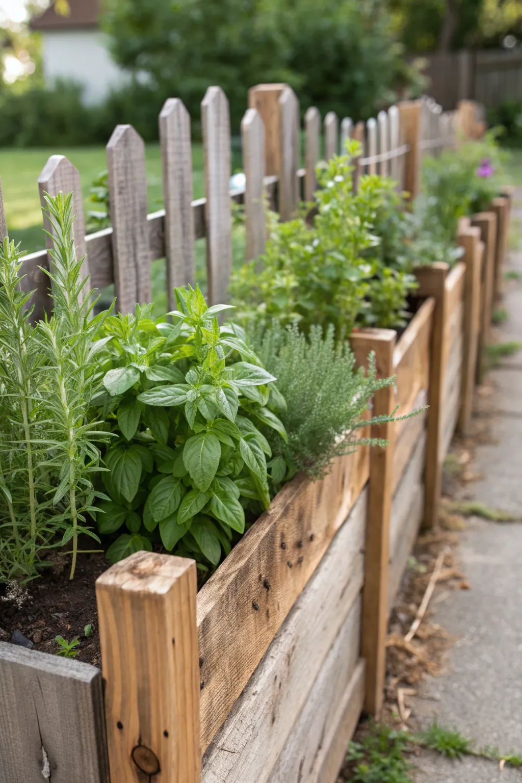 Elevate your garden space with this dual-purpose picket fence and herb garden, combining rustic charm with practical design.