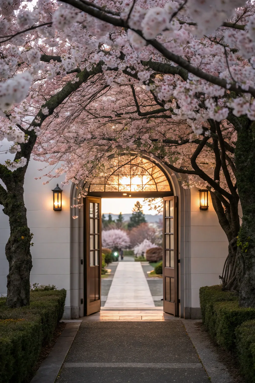 A cherry blossom arch creates a stunning entrance to this home.