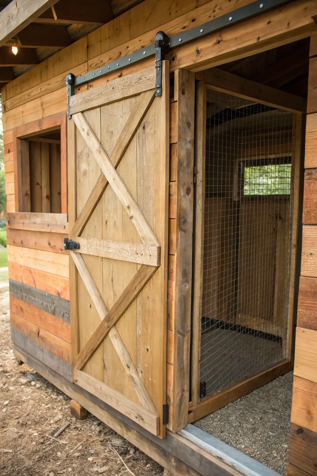 Discover the charm of space-saving design with this handcrafted sliding door, perfect for any compact coop.