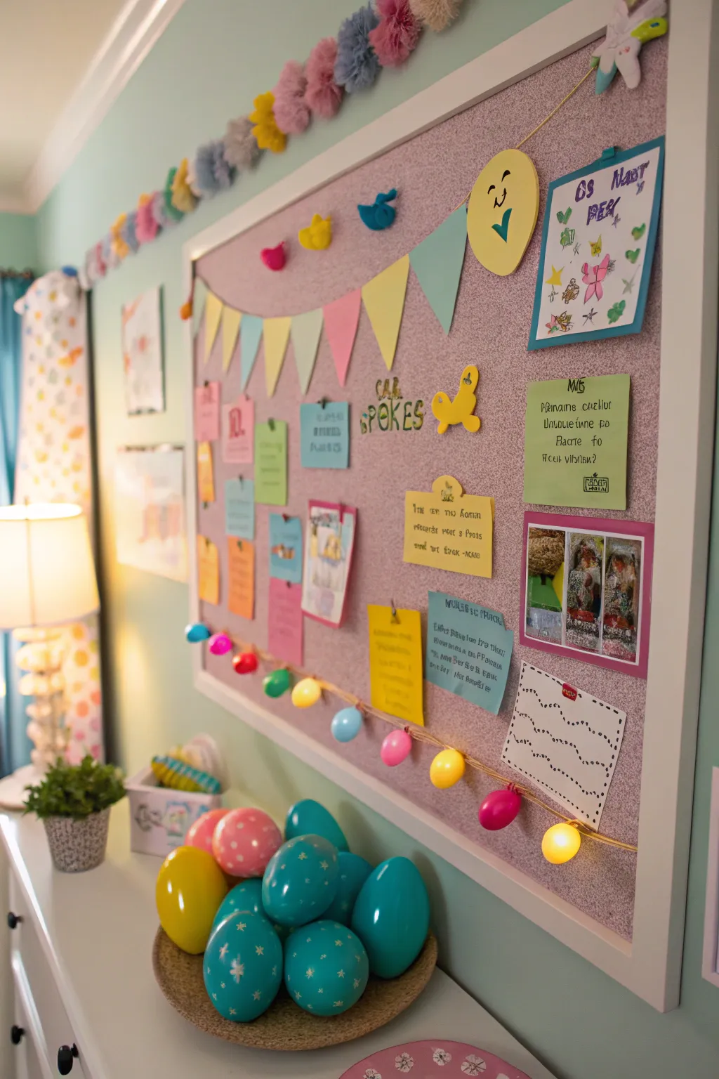 A playful bulletin board featuring an interactive egg hunt.