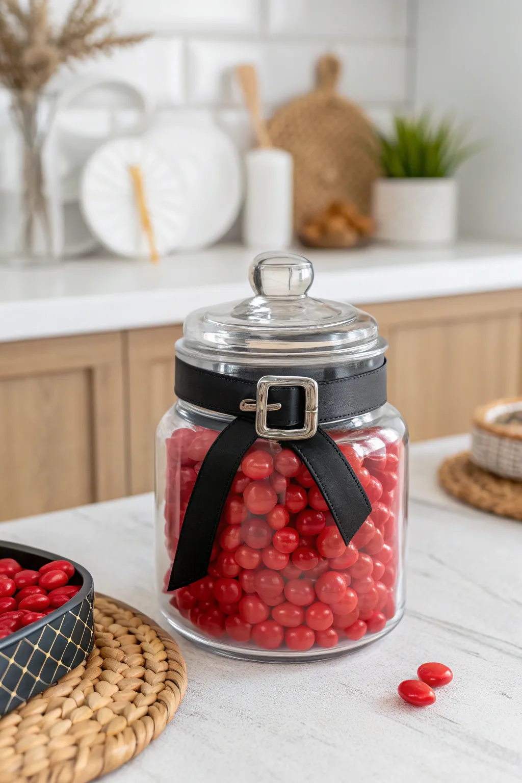 Add a touch of festive charm to your holiday decor with this Santa's Belt Buckle Jar.