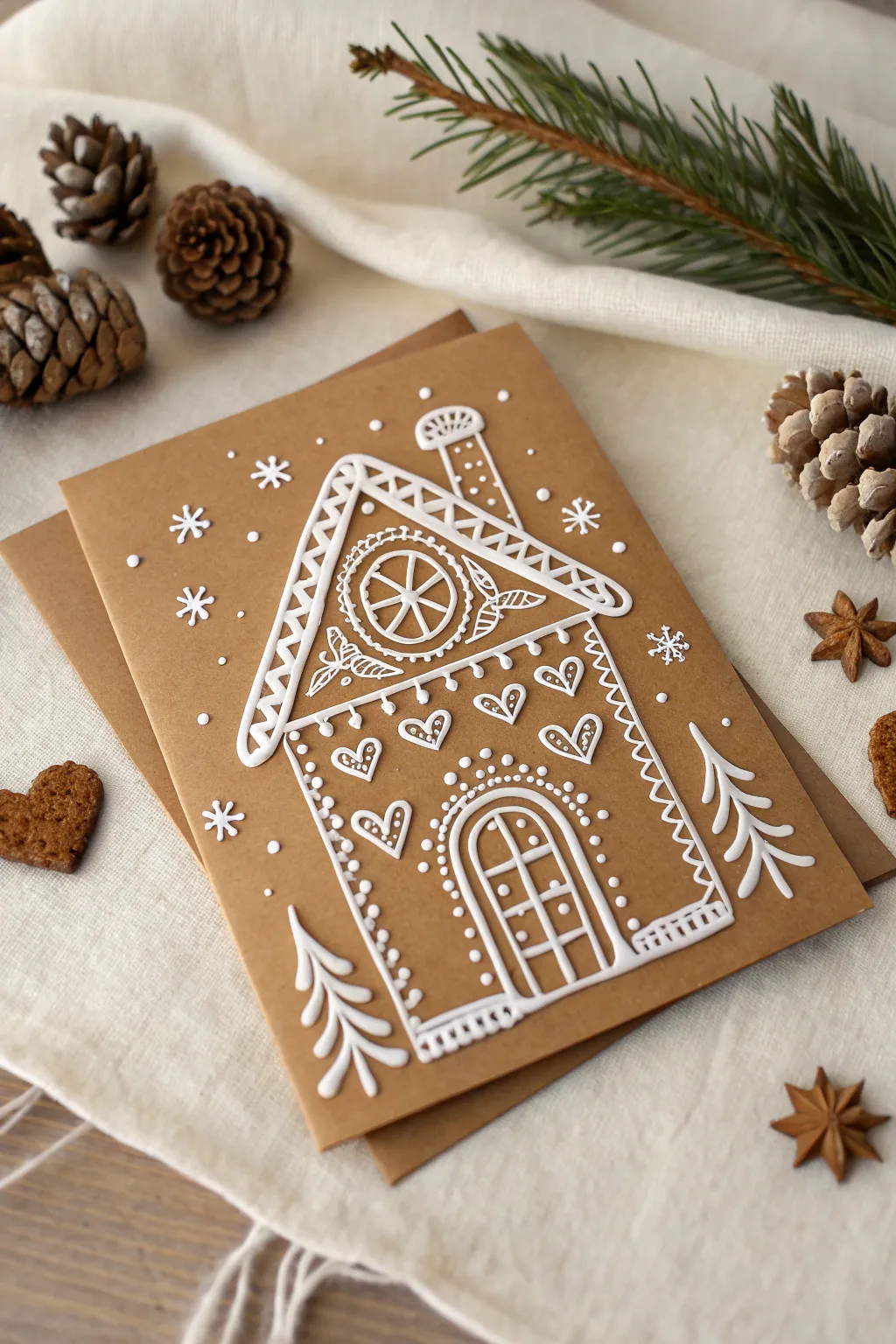 Bring the cozy charm of gingerbread houses to your Christmas cards this season with minimalist elegance and a touch of boho flair.