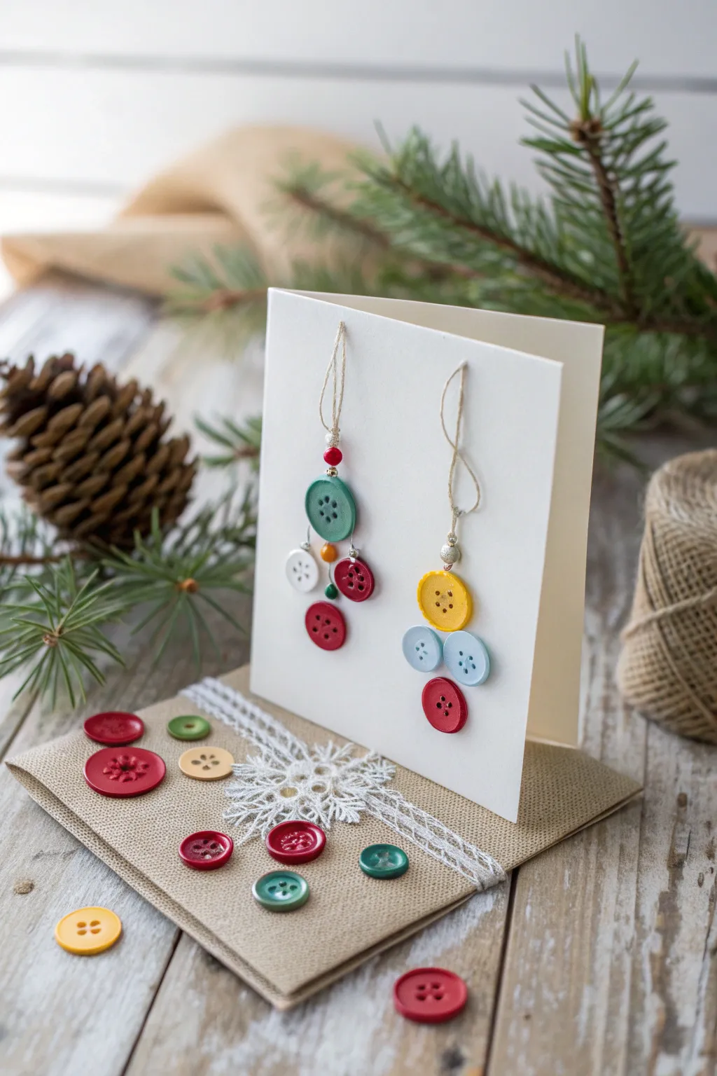 Craft charming Christmas cards with button baubles that blend minimalist elegance and boho whimsy.