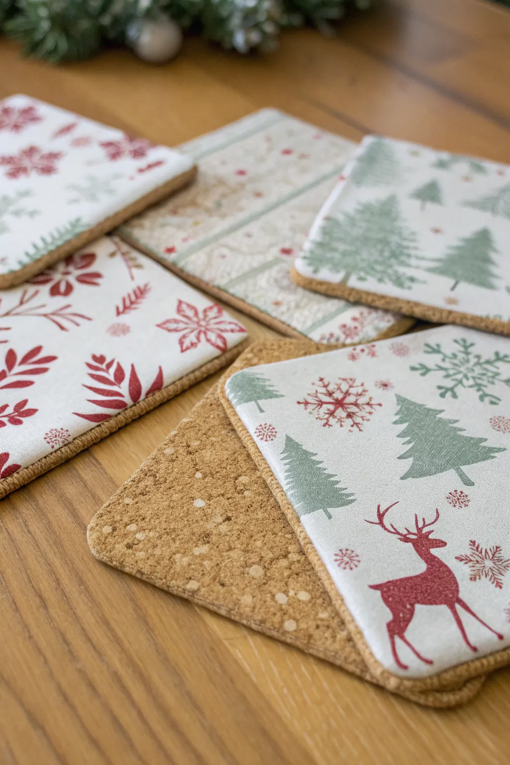 Add a touch of festive charm to your table with these beautiful fabric-covered coasters, perfect for a cozy and minimalist holiday setting.