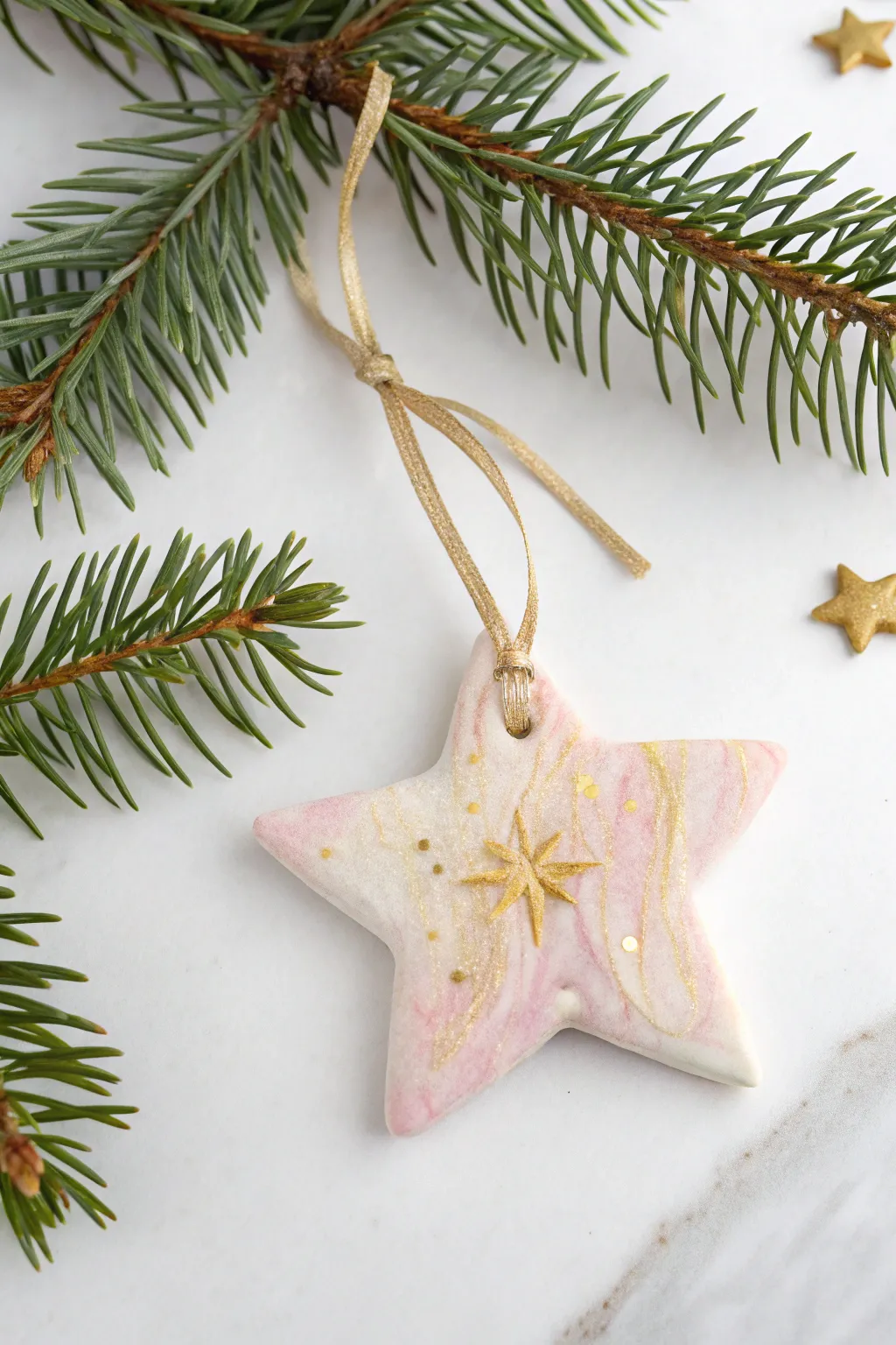 Handcrafted charm: A minimalist salt dough star ornament, perfect for adding a touch of personal elegance to your Christmas tree.