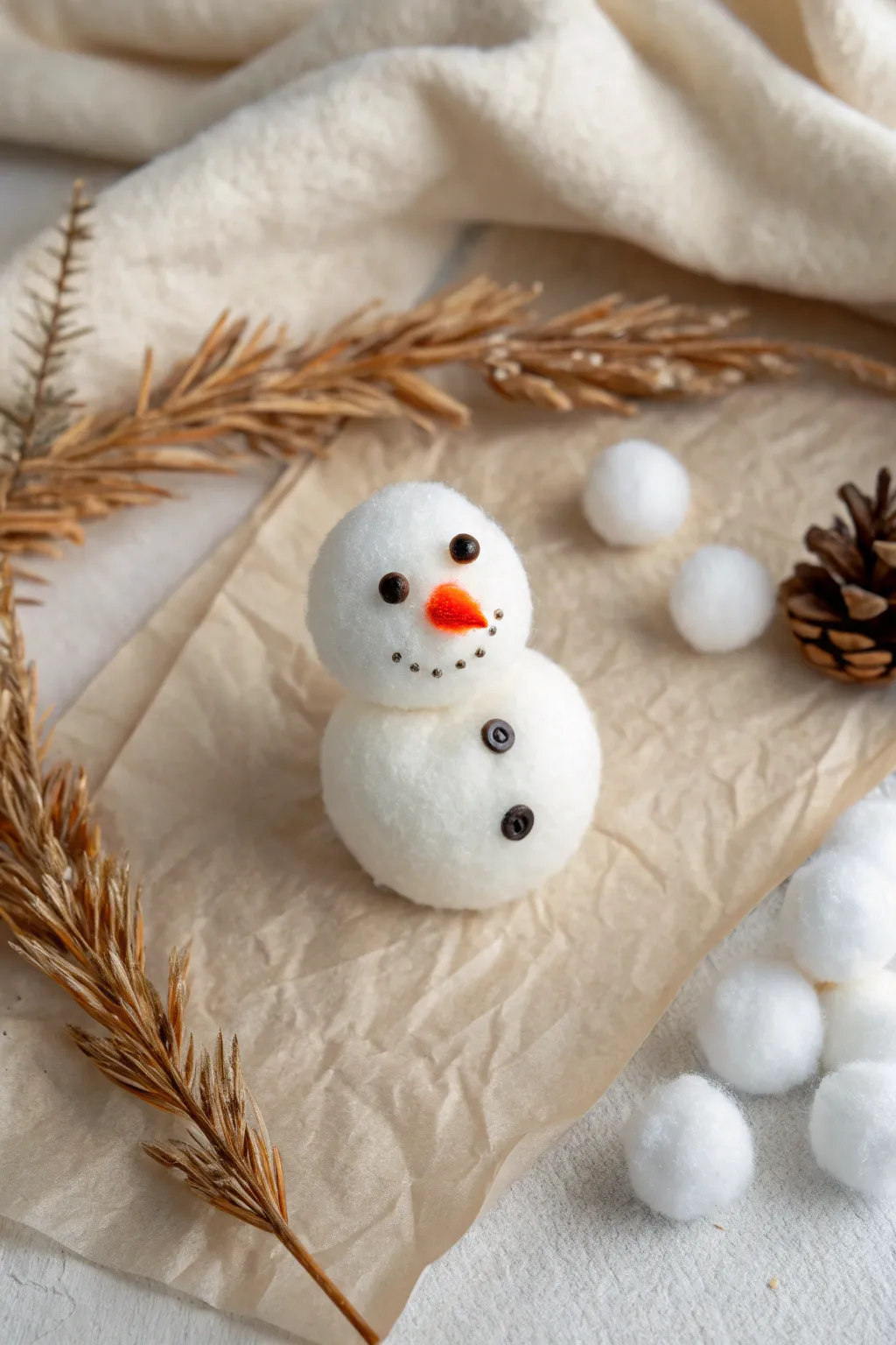 Delight in the simplicity of handmade joy with this charming cotton ball snowman, perfect for sparking holiday creativity in little ones.