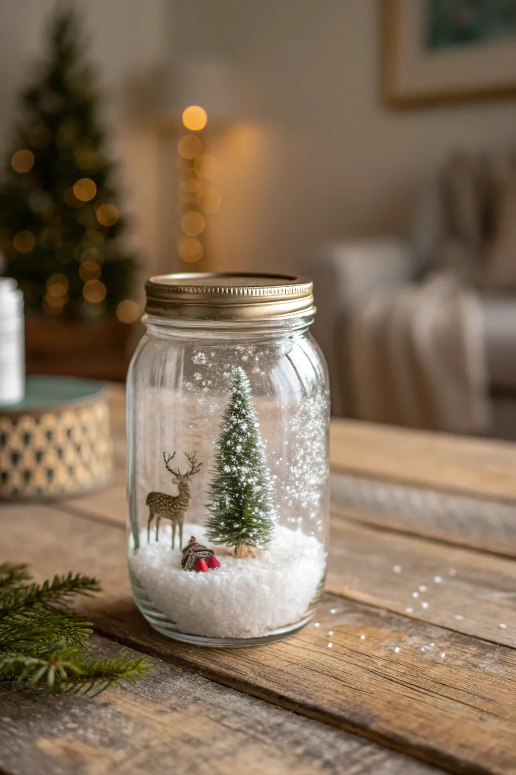 Capture the magic of winter with a handcrafted mason jar snow globe, bringing a touch of minimalist charm to your holiday decor.