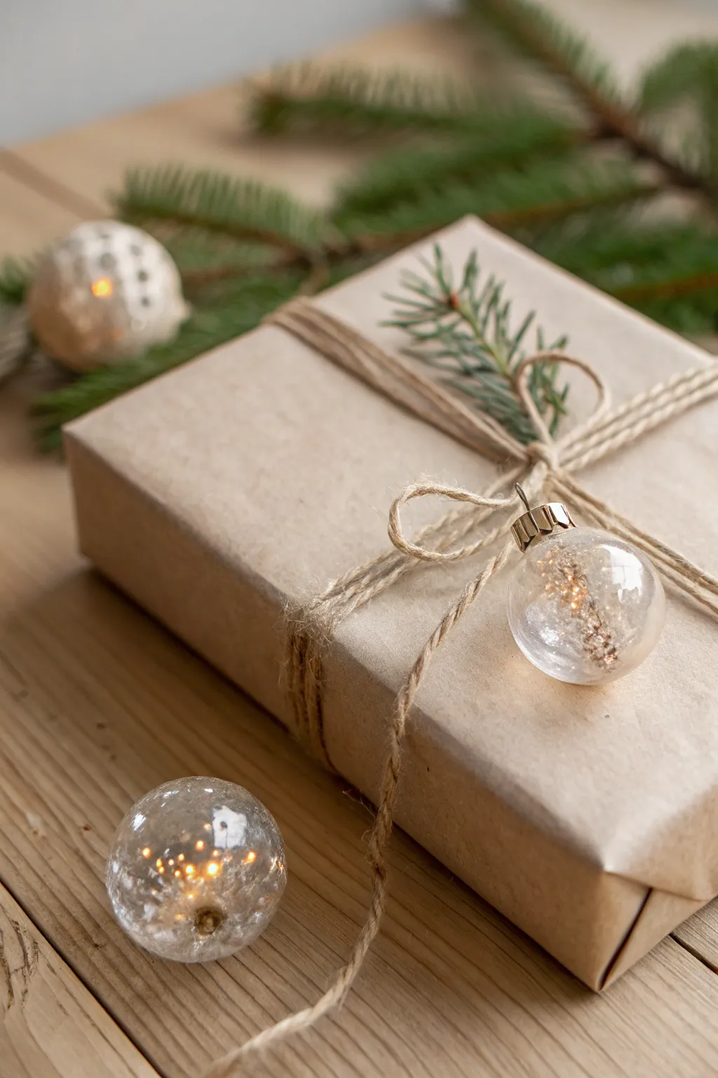 Add a shimmering touch to your gift wrapping with delicate ornaments for a magical Christmas surprise.