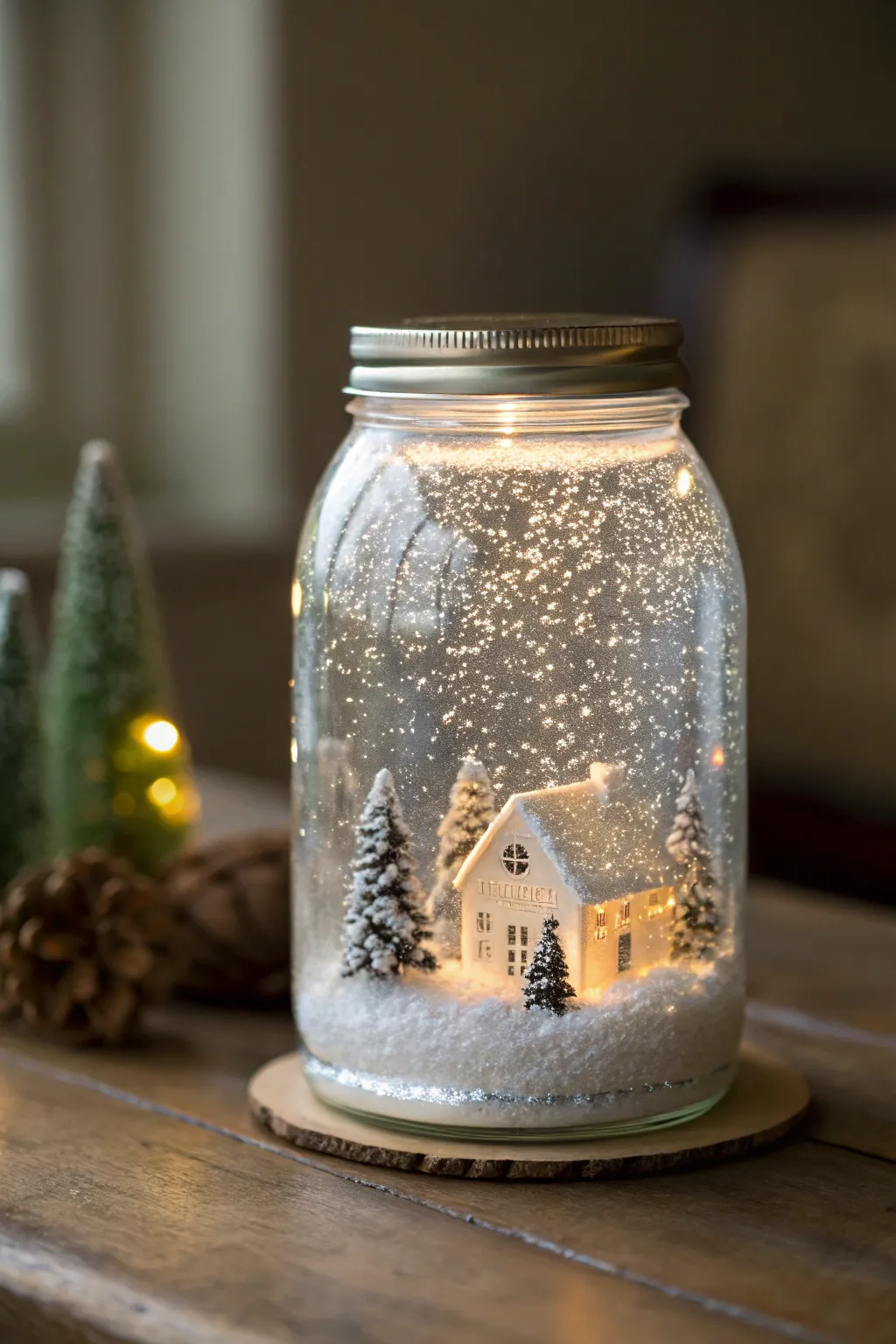 Craft your own winter wonderland with a charming DIY snow globe jar, adding a touch of magic to your holiday decor.