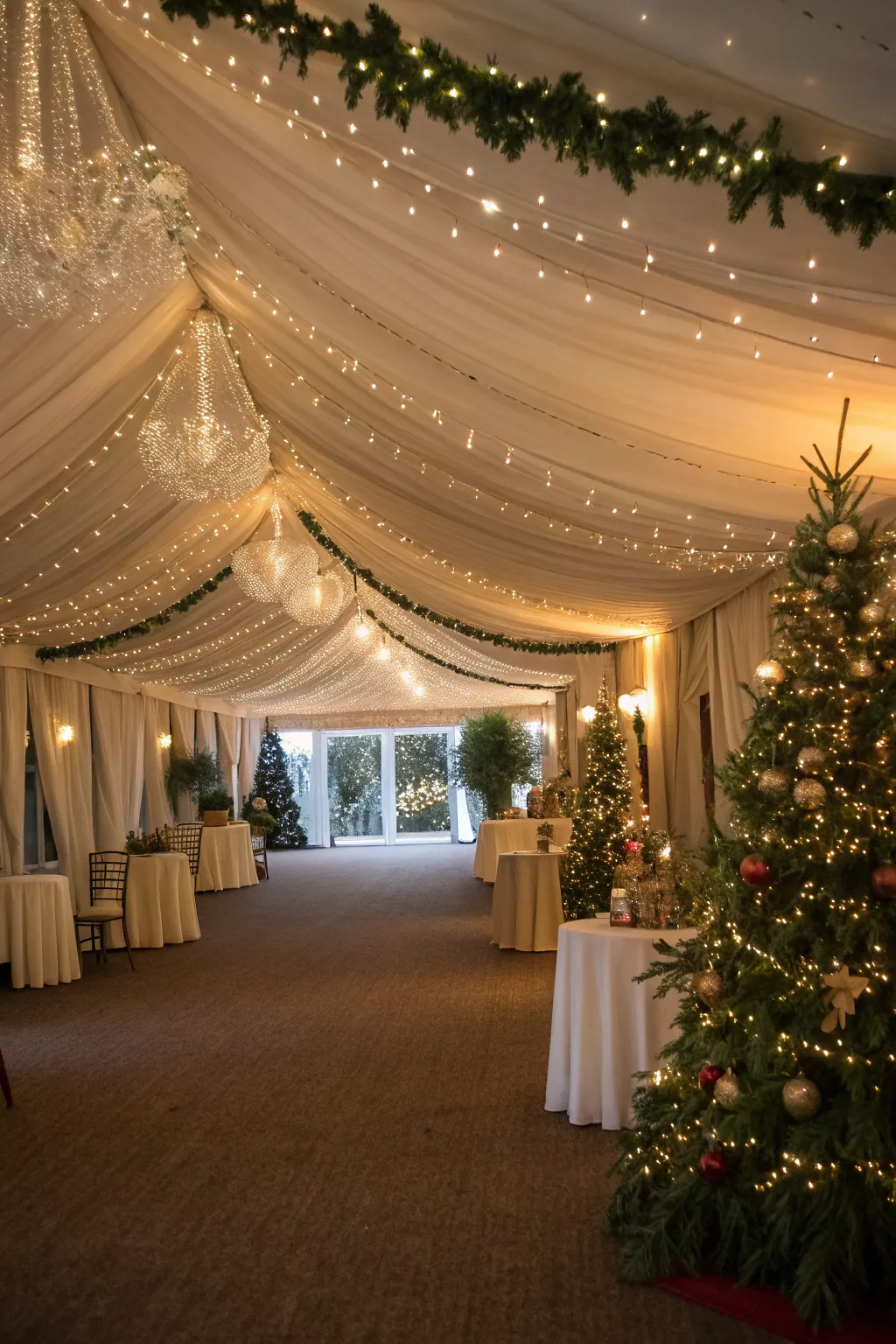 Elegant draping adds a cozy and refined touch to a Christmas marquee.