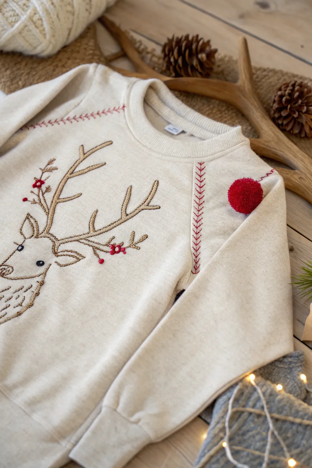 Add a playful twist to your holiday wardrobe with this Scandinavian-inspired reindeer antler sweatshirt.