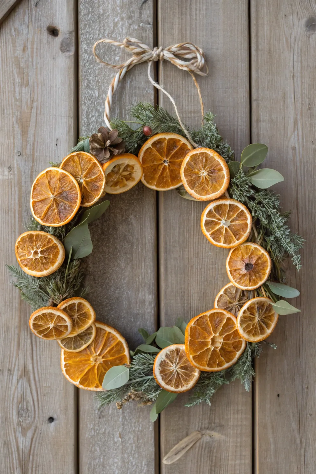 Add a citrusy pop to your holiday decor with a handcrafted wreath of dried orange slices—simple, natural elegance.