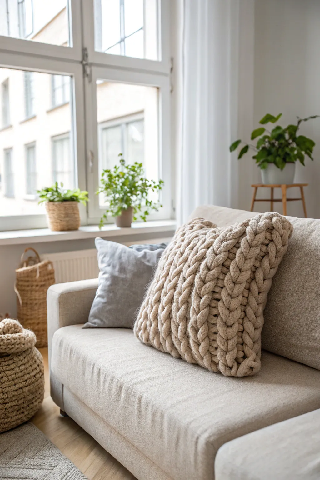 Cozy up your space with a touch of craftsmanship: chunky knit pillows for a warm, minimalist vibe.
