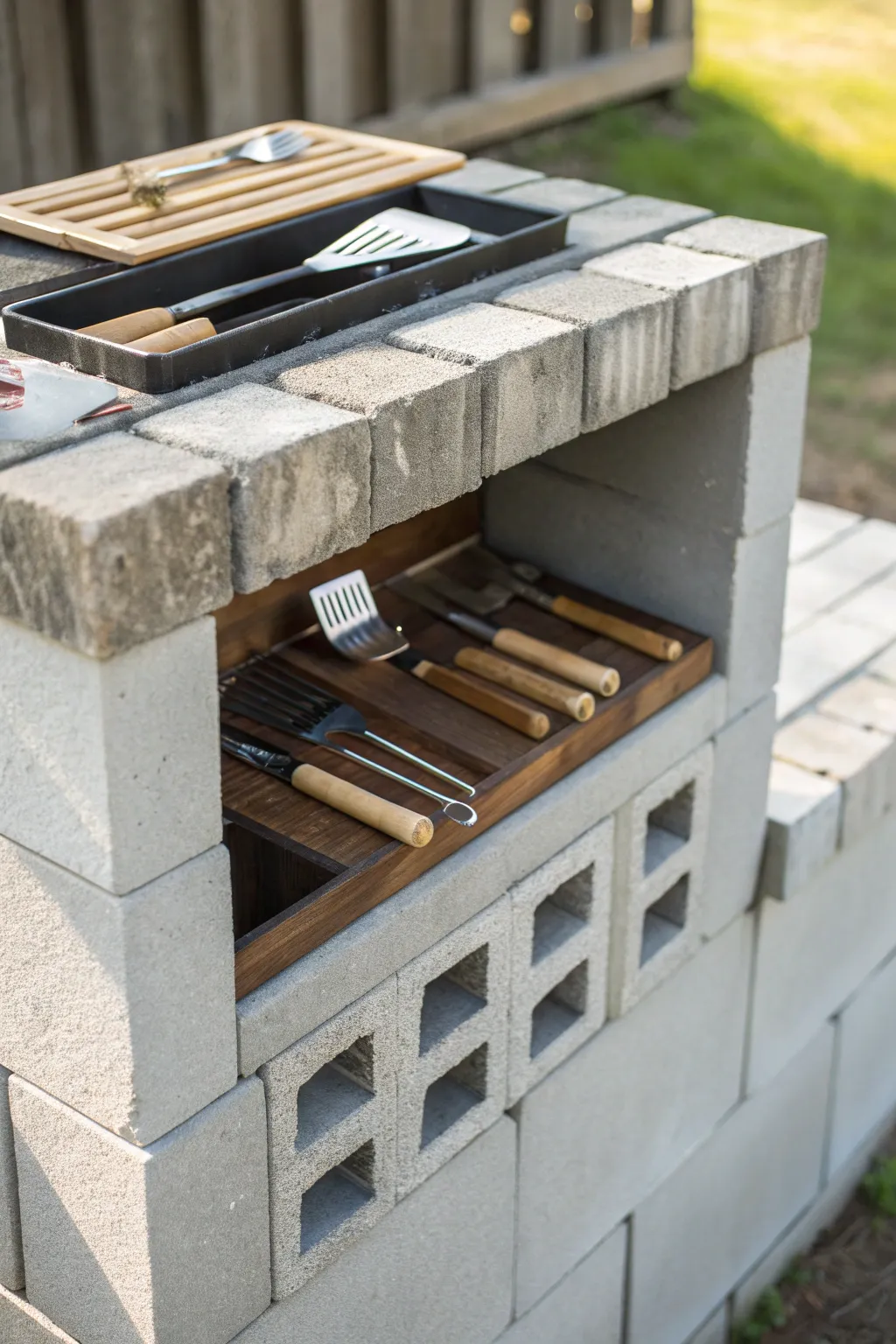 Craftsmanship meets practicality: A grill station with built-in storage for your essential tools.