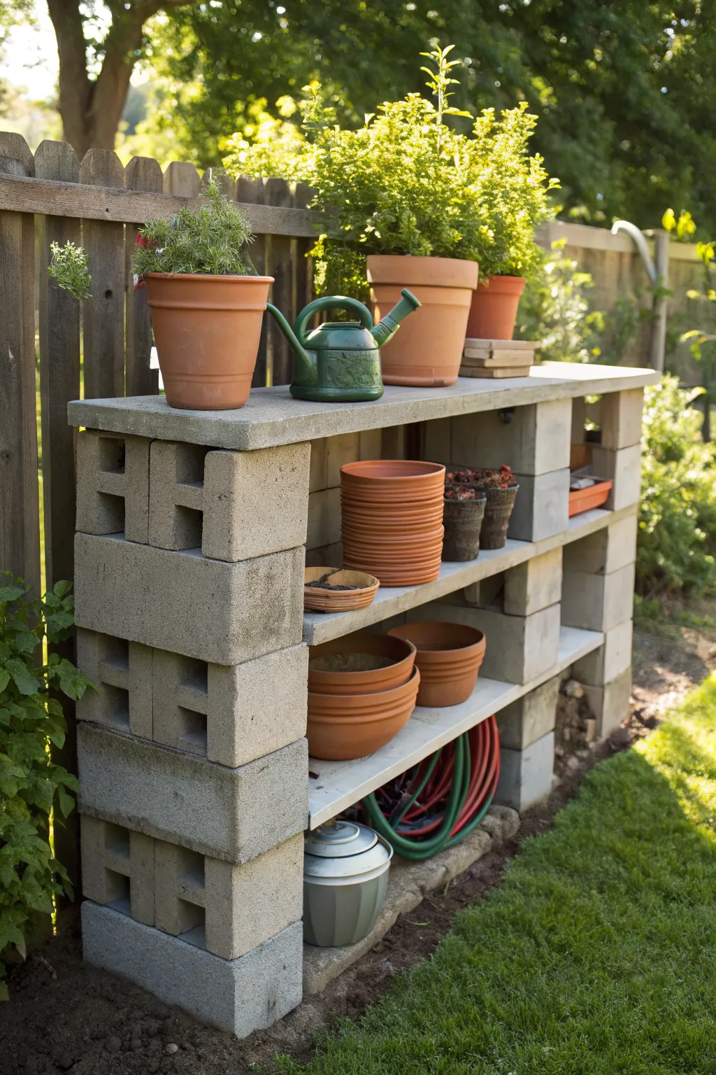 Transform your backyard with a stylish and functional cinder block potting station—where organization meets rugged charm.