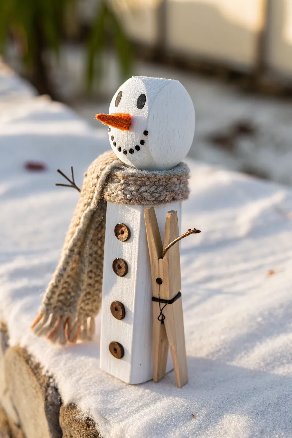 Crafted with love: A minimalist clothespin snowman brings a whimsical touch of winter charm.