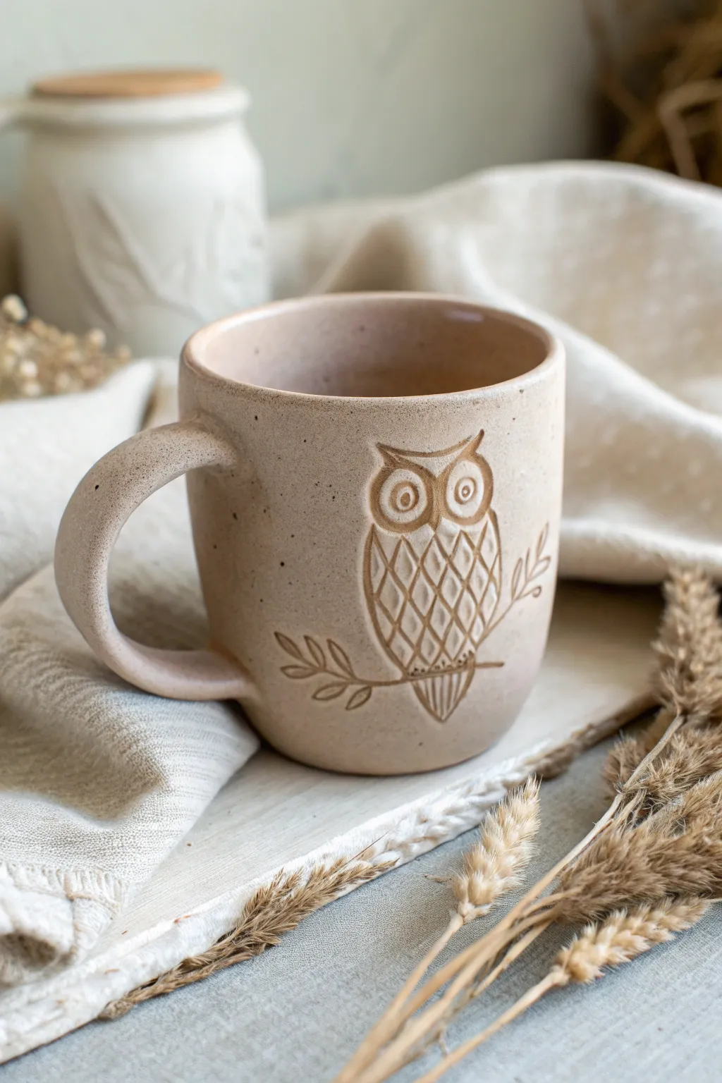 Sip in style with this enchanting owl-themed clay mug, where minimalist design meets natural beauty.
