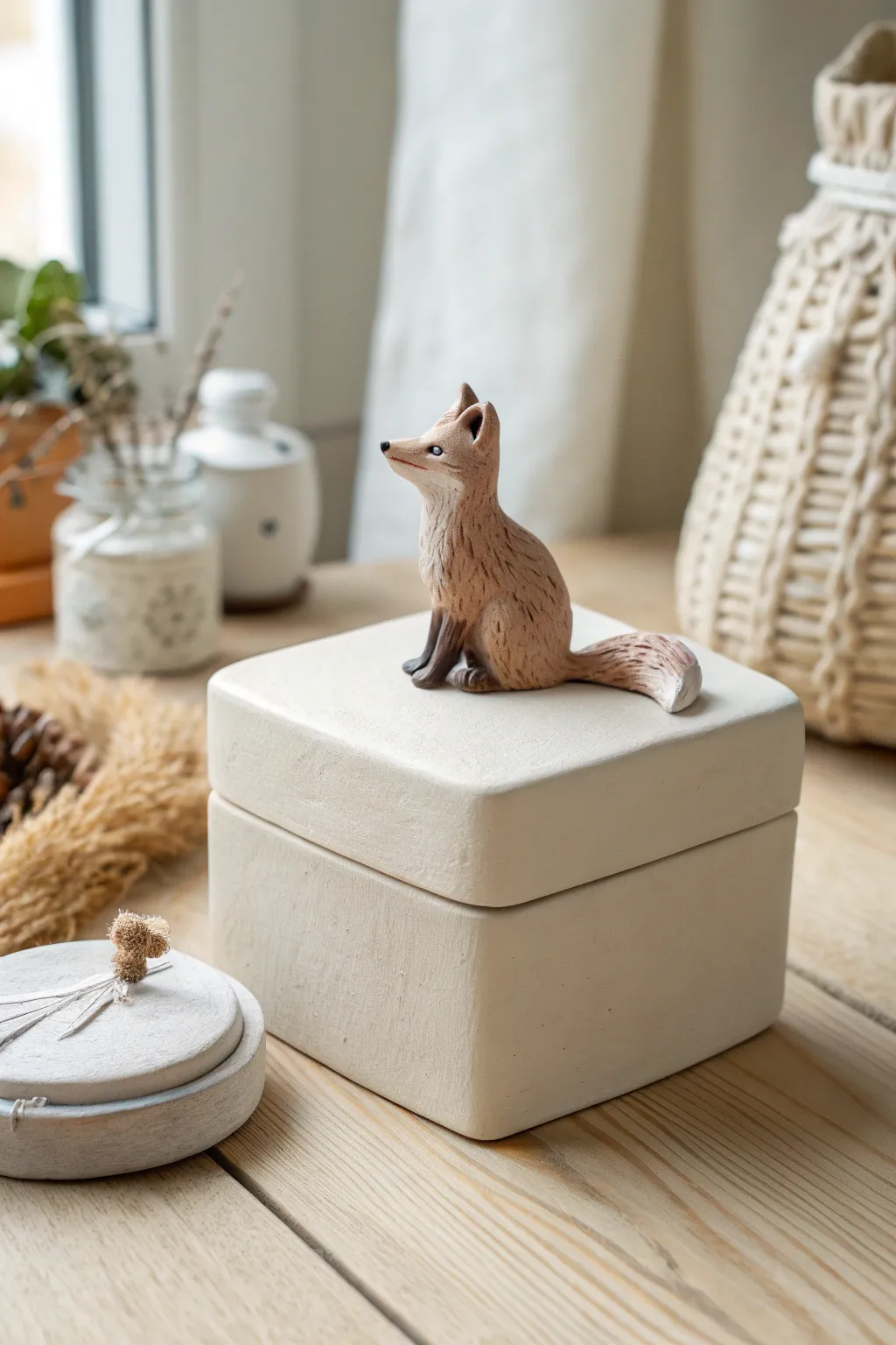 Charming Clay Creations: A whimsical fox adds a playful touch to this minimalist clay box.
