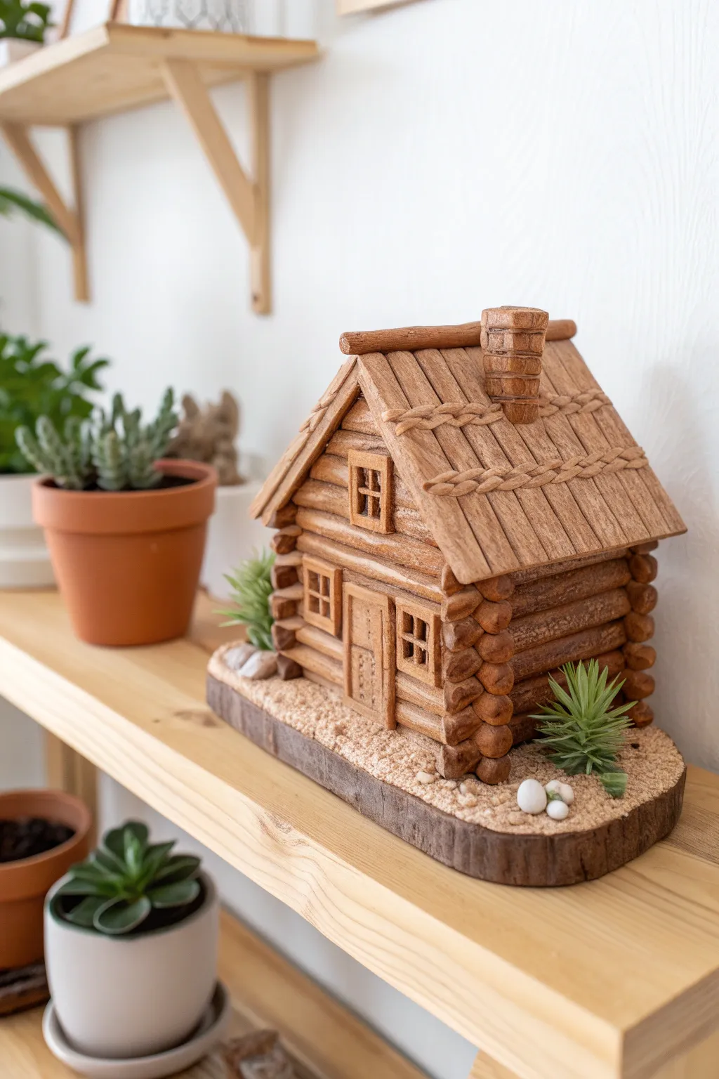 Cozy charm in miniature: A handcrafted clay log cabin for your minimalist sanctuary.