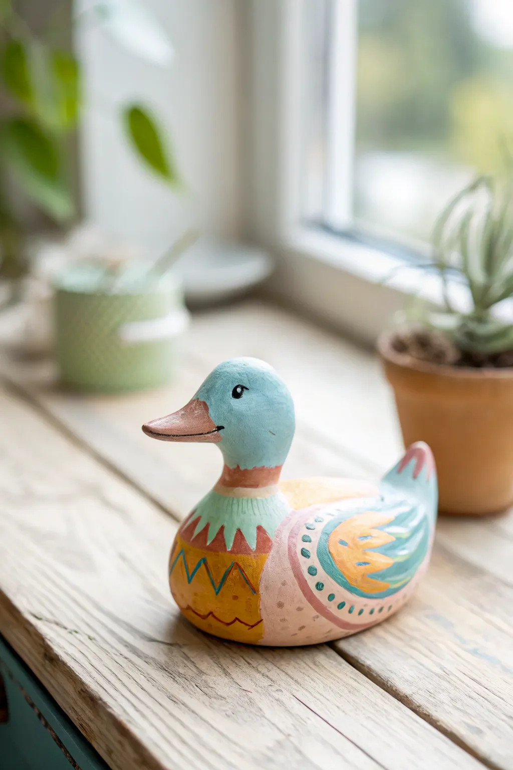 Add a splash of quirky charm to your decor with this vibrant clay duck!