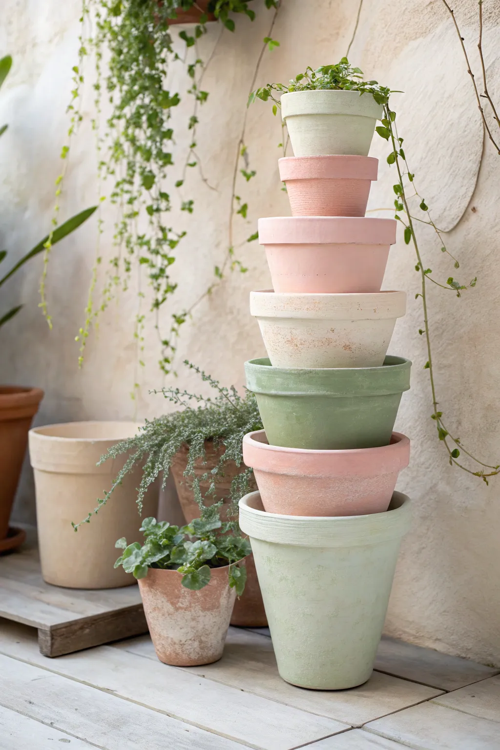 Elevate your garden with a touch of artistry: stacked clay pots for a stunning vertical statement.