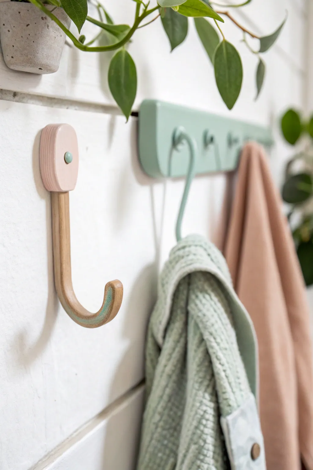 Embrace pastel harmony with these minimalist clay wall hooks, perfect for adding a gentle touch of color to your kitchen.