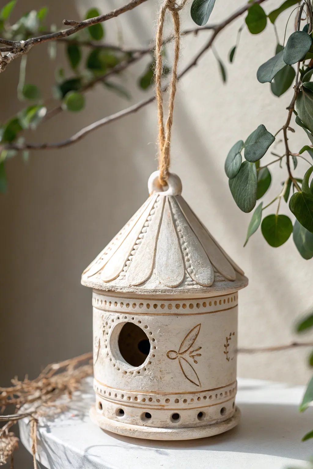 Embrace spring with a charming touch of nature: a handcrafted miniature clay birdhouse.
