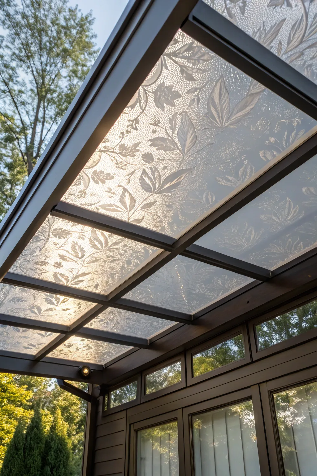 Illuminate your outdoor space with the perfect blend of clear and frosted panels, combining light and privacy in style.