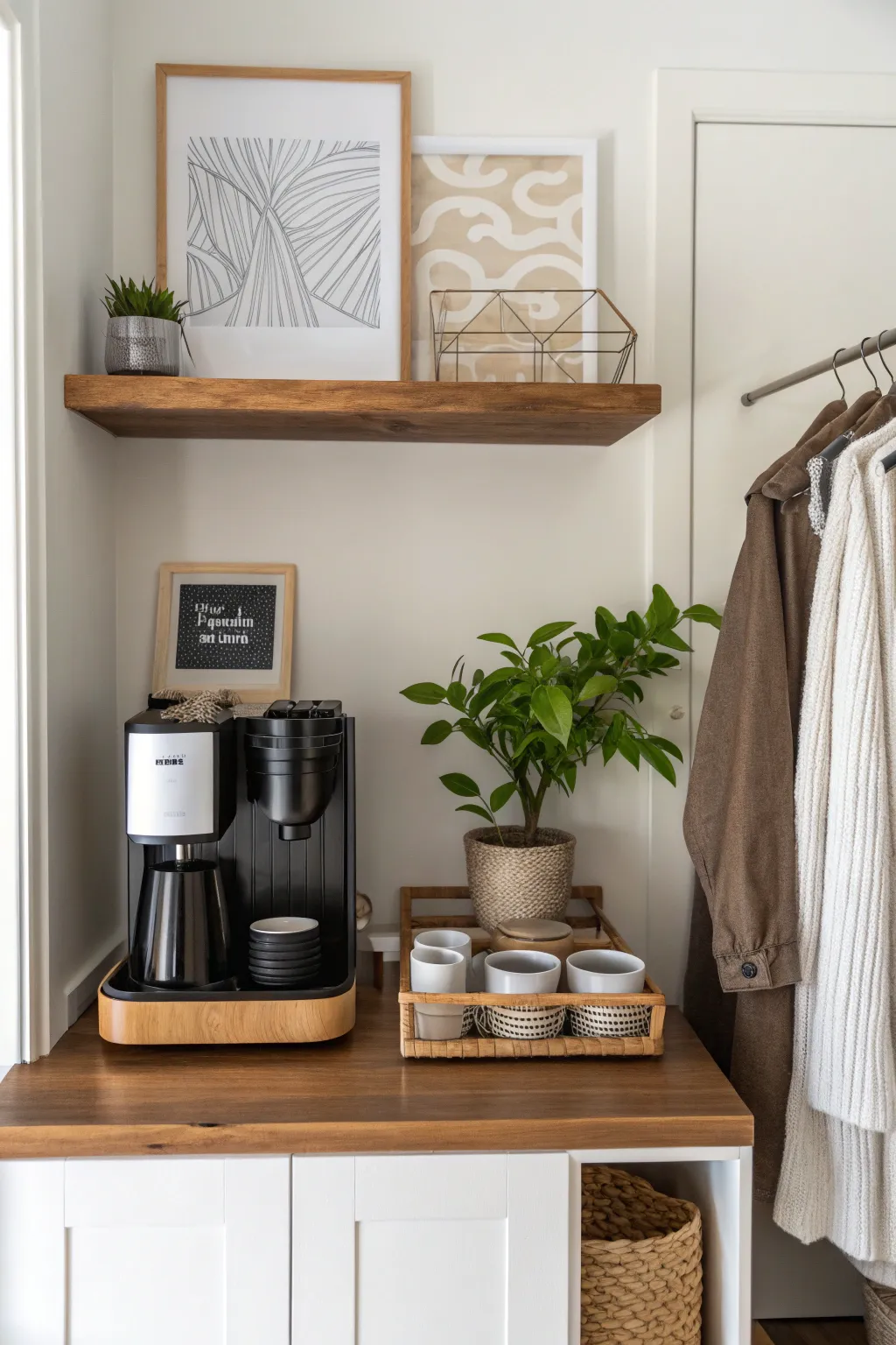 Transform your coffee nook into an inviting escape with stylish decor and a touch of nature. #MinimalistChic #CoffeeBarInspo
