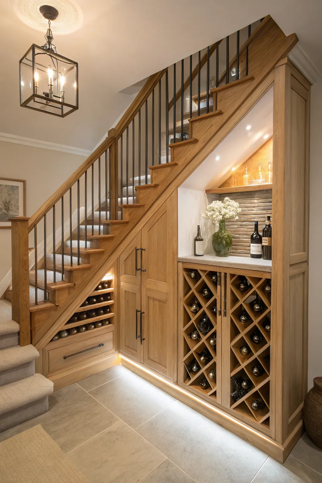 Showcase your wine collection stylishly under the stairs with custom racks.