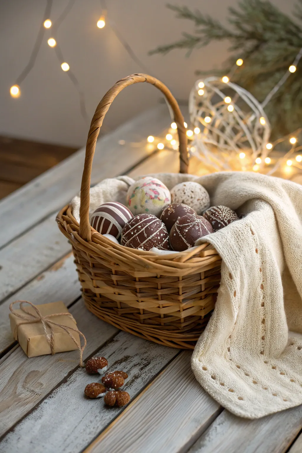 Transform your space into a festive wonderland with a holiday basket full of handcrafted cocoa bombs and cozy accents!