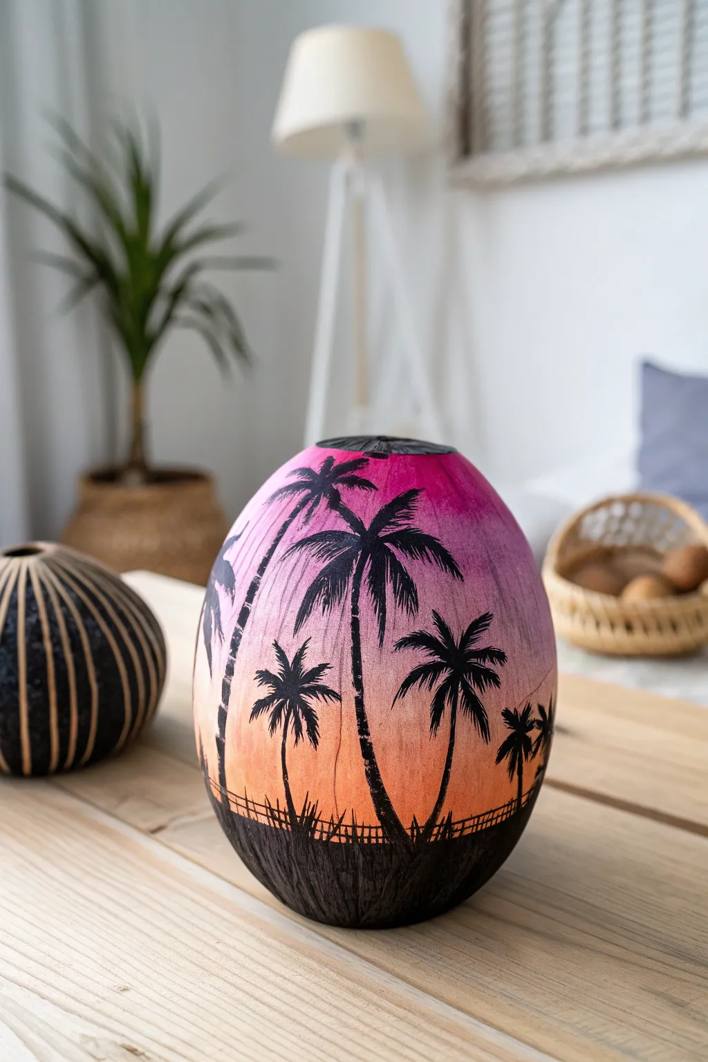 Embrace tropical elegance with handcrafted palm tree silhouettes on a coconut canvas.