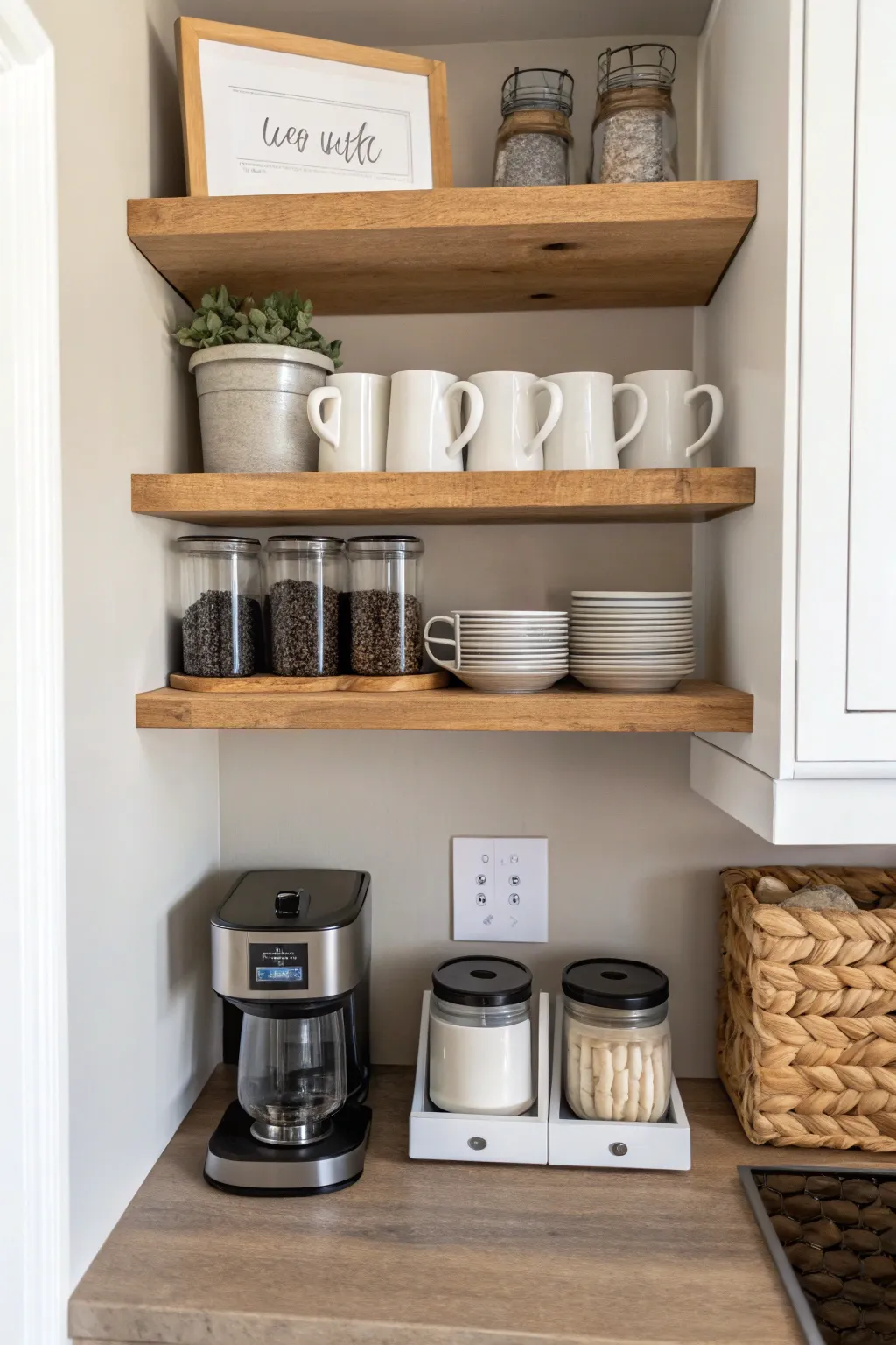 Floating shelves offer style and storage for your coffee essentials.