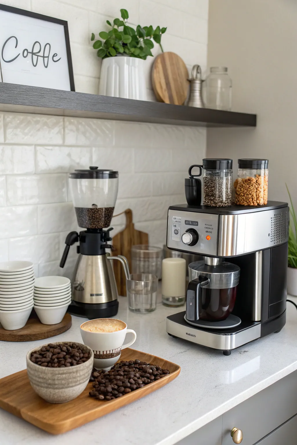 A chic coffee bar station at home with stylish decor.